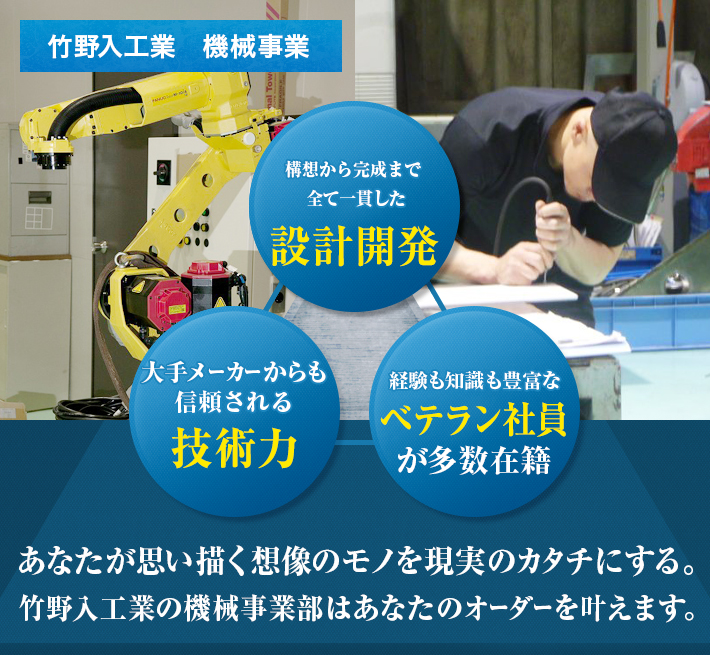 あなたが思い描く想像のモノを現実のカタチにする。竹野入工業の機械事業部はあなたのオーダーを叶えます。